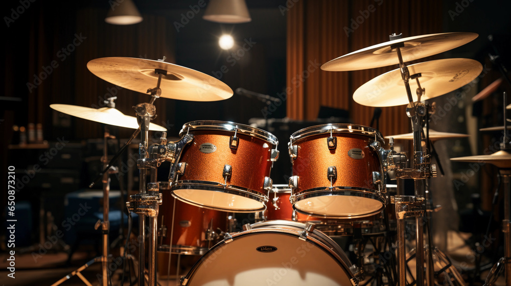 drum set in a recording studio, detailed textures on drum skins, sticks mid - air, cymbals vibrating, microphones set up - obrazy, fototapety, plakaty 