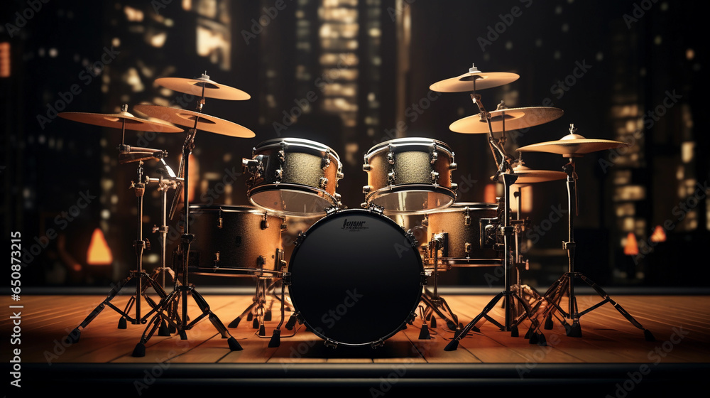 drum set in a recording studio, detailed textures on drum skins, sticks