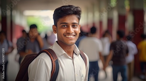 Indian student ready to go to class, back to the university concept. Handsome man smiling to camera photo