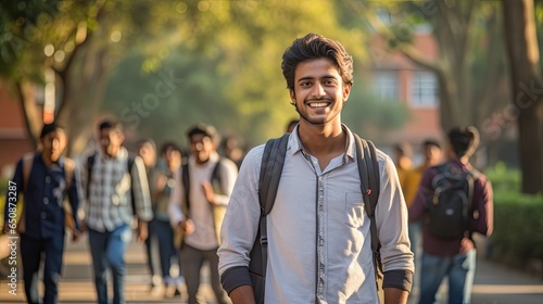 Indian student ready to go to class, back to the university concept. Handsome man smiling to camera