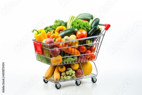Miniature shopping cart overflowing with colorful fruits and vegetables.
