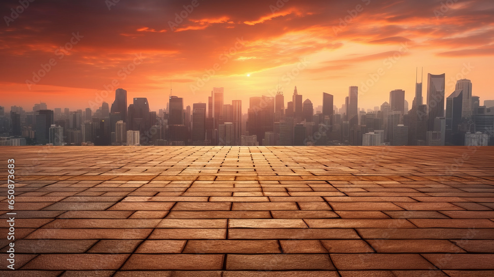 Empty brick floor with cityscape and skyline background.