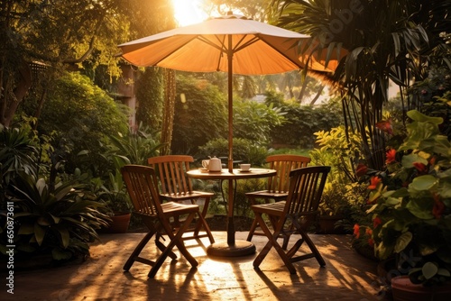 A cozy outdoor seating area in a garden, with wooden furniture, a floral umbrella, and warm lighting.