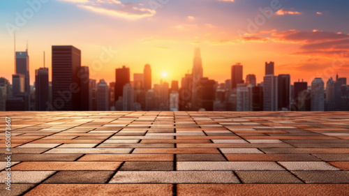 Empty brick floor with cityscape and skyline background.