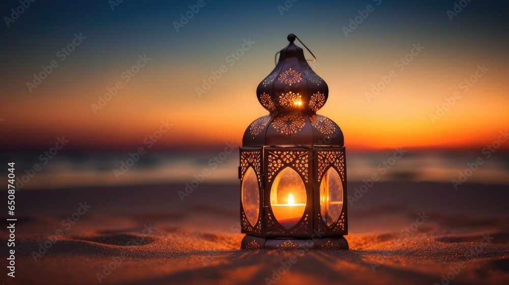 Oriental lamp in sand casting starry light on a serene beach at sunset with copy space. Oriental lamp in sand casting starry light on a serene beach at sunset with copy space.