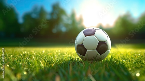 A soccer ball on a green lawn. Soccer field on the background of the forest with the rays of the setting sun. Banner of sports theme. Can be used for advertising, marketing or presentation. © Login