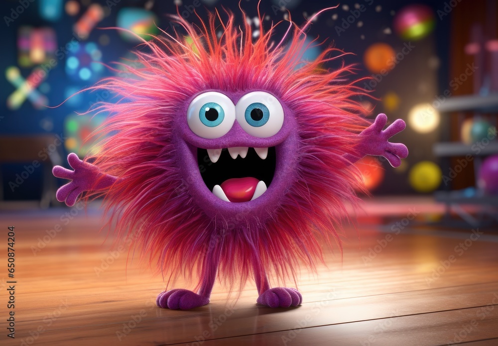 The fluffy ball-shaped toothy monster laughs and waves his arms. Funny children's toy. Fun character. Facial expression. Illustration for varied design. - obrazy, fototapety, plakaty 