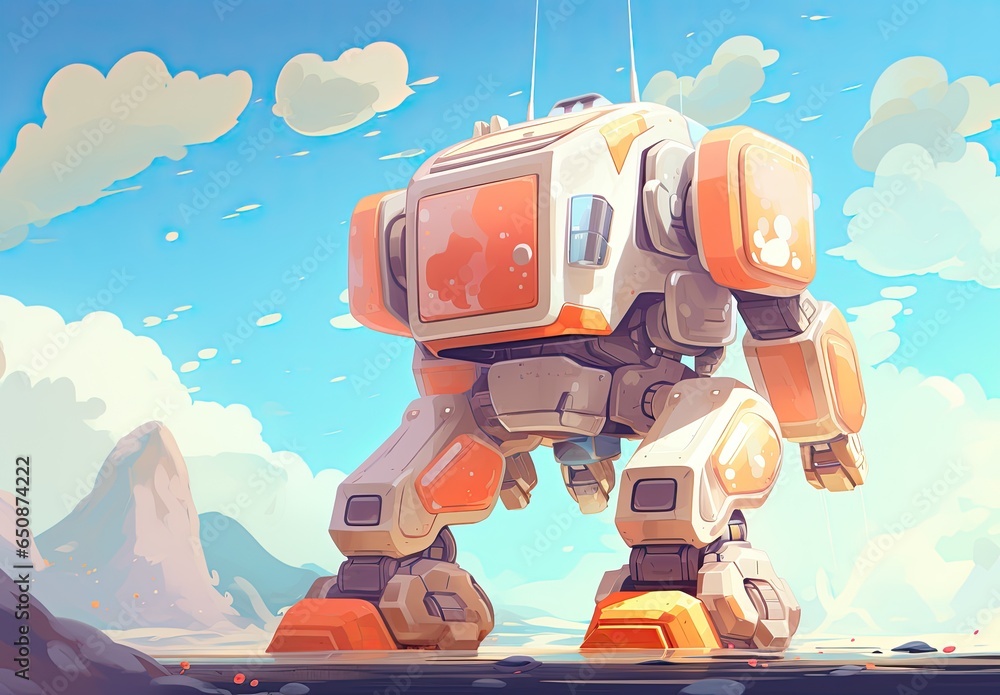 A giant robot on an alien planet. Space explorer or space pioneer. Fantasy scene in watercolor style. Illustration for cover, card, postcard, interior design, decor or print. A giant robot on an alien planet. Space explorer or space pioneer. Fantasy scene in watercolor style. Illustration for cover, card, postcard, interior design, decor or print.
