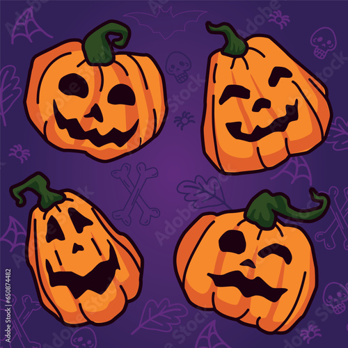 vector pumpkins, digital halloween design, pumpkins with different gestures on purple background with halloween texture