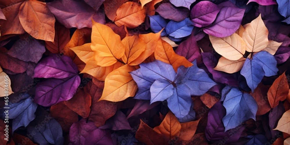 Autumn Leaves Blanketing the Ground in a Kaleidoscope of Colors, Crafted in the Style of Dark Violet, Orange, Light Crimson, and Azure, Showcasing Seasonal Natural Beauty