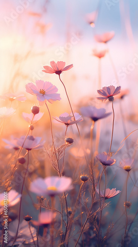 A vibrant field of pink flowers with the sun shining in the background
