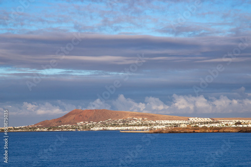 panoramic view of coast at Playa Blanca with beaches  village and coastline in Lanzarote 
