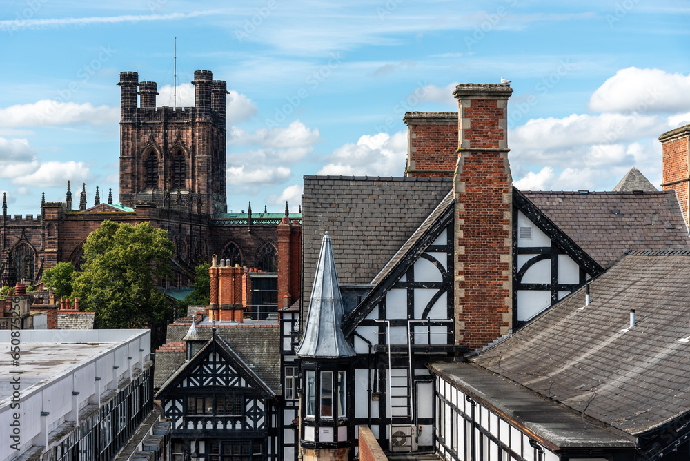 Chester is a walled city in Cheshire, England, famous for its Tudor-style half-timbre buildings.
