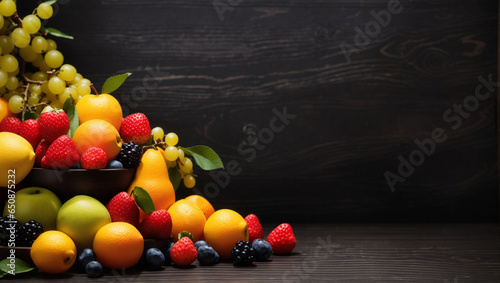 fruit over black wooden table background. Backdrop with copy space