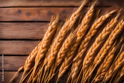 Ears of harvested wheat on top of wooden base, view from above © Mahrowou