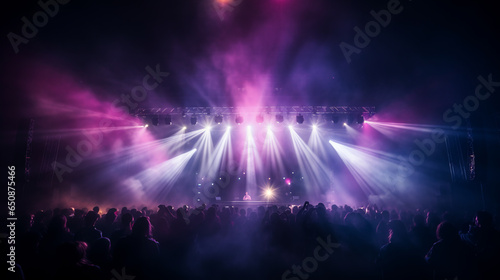 Stage light with colored spotlights and smoke. Concert and theatre dark scene.ai generative