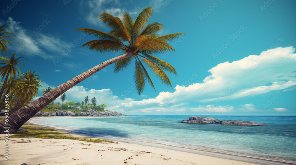 Palm tree on the sand of the beach. Vacation scene with palm on the shore line. ai generative