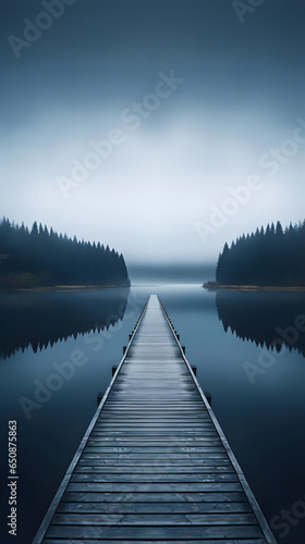 wooden jetty at lake, tranquil symmetry