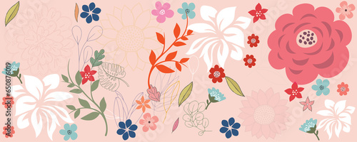 floral seamless pattern with many decorative flowers; leaves and twigs. For fashion fabrics; children’s clothing; T-shirts; postcards; templates and scrapbooking. Vector illustration. © hassan