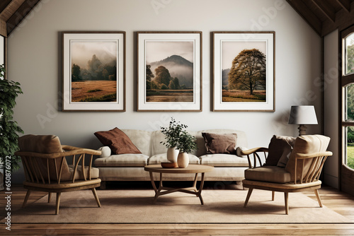 Living room gallery wall, home decor and wall art, framed art in the English country cottage interior.ai generative