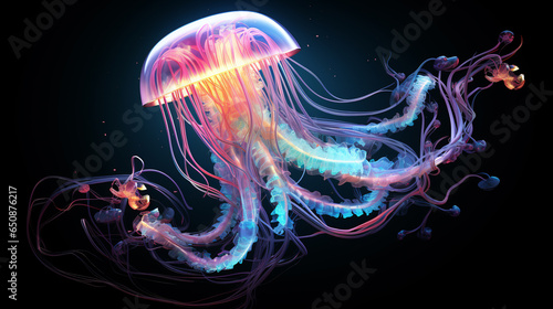 Glowing neon jellyfish with long tentacles. ai generative © Oleksandr