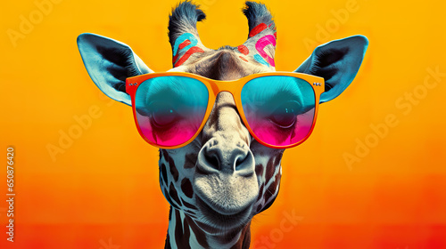 Cool giraffe with sunglasses on colorful background