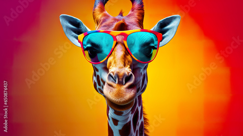 Cool giraffe with sunglasses on colorful background