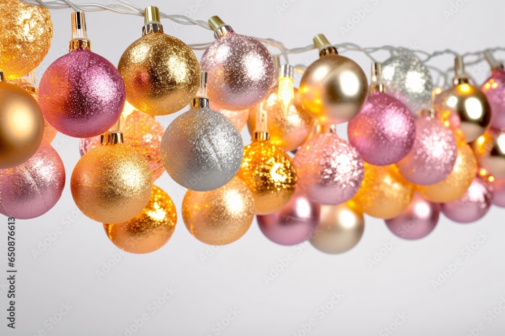 Christmas baubles with lights on white background. Christmas decoration on the white background. New Year and Christmas concept. Colorful christmas baubles hanging on a white background. Christmas baubles with lights on white background. Christmas decoration on the white background. New Year and Christmas concept. Colorful christmas baubles hanging on a white background.