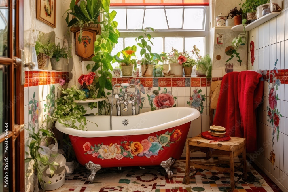 Pastoral bathroom with bath tub decorated with flowers