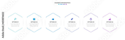 Timeline infographic with infochart. Modern presentation template with 6 spets for business process. Website template on white background for concept modern design. Horizontal layout.