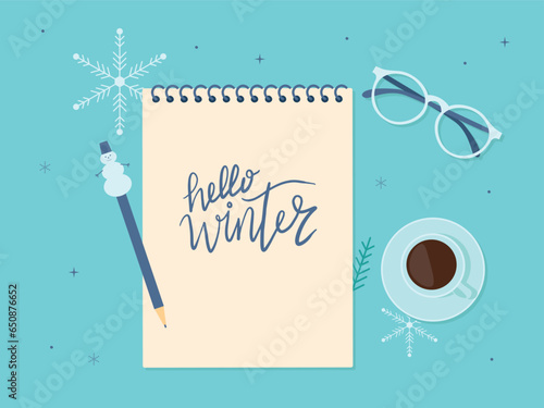Notepad with pen and handwritten text Winter. Vector winter background with snowflakes