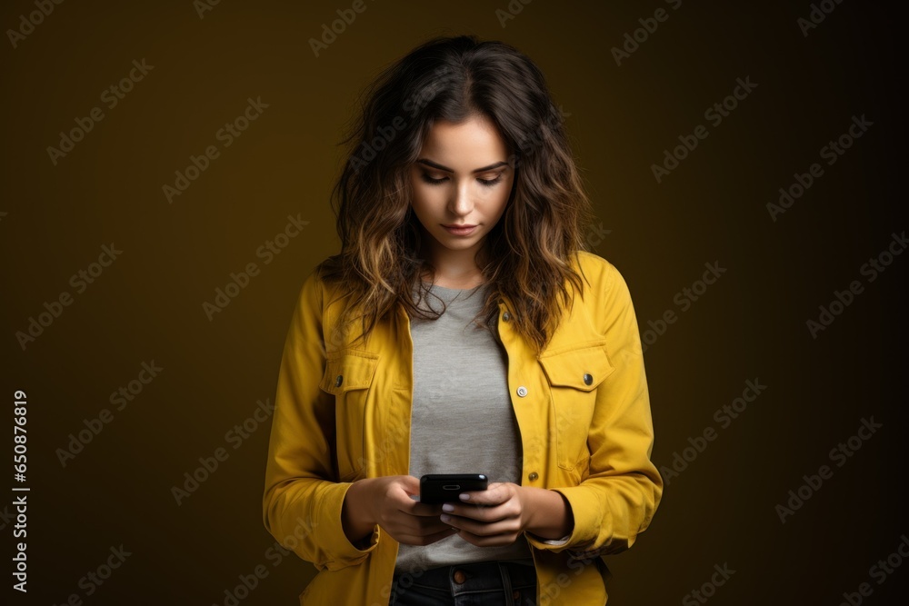 Portrait of a Happy Fictional Brunette Woman Model Smiling Looking at her Phone. Isolated on a Plain Brown Background. Face Expression. Generative AI. Portrait of a Happy Fictional Brunette Woman Model Smiling Looking at her Phone. Isolated on a Plain Brown Background. Face Expression. Generative AI.