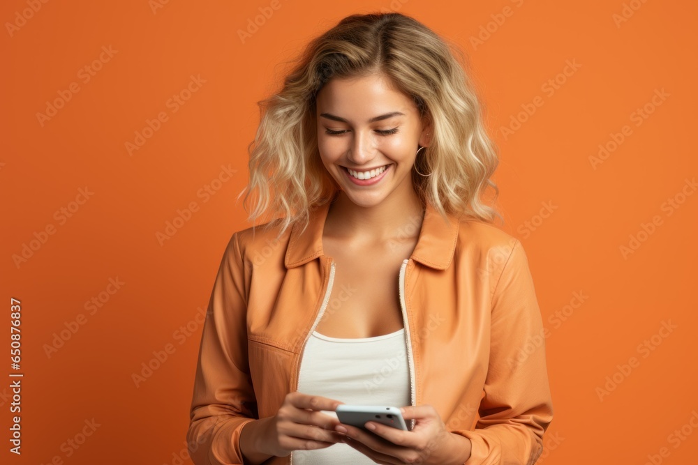 Portrait of a Happy Fictional Blonde Woman Model Smiling and Using a Phone. Isolated on a Plain Orange Background. Face Expression. Generative AI. Portrait of a Happy Fictional Blonde Woman Model Smiling and Using a Phone. Isolated on a Plain Orange Background. Face Expression. Generative AI.