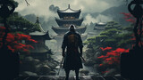 a epic samurai with a weapon sword standing in front of a old japanese temple shrine. ai generative