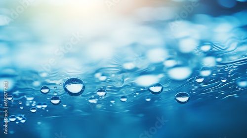 Blurred blue color water ripple surface background with splashing bubbles water drop