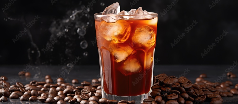 Americano coffee with coffee beans on a grey background Black coffee in a glass Coffee shop beverage Americano coffee with coffee beans on a grey background Black coffee in a glass Coffee shop beverage