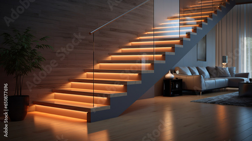 Stairs with LED lighting in a modern interior. ai generative