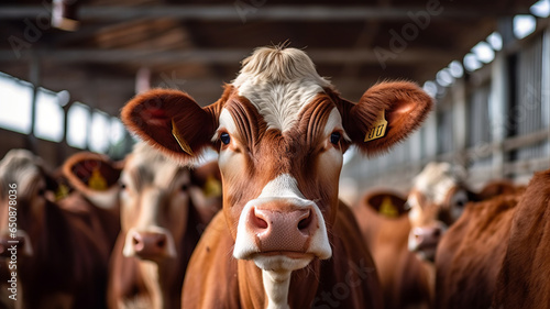 Beef cattle farming and close up view of cow standing in cowshed.genetarive ai photo