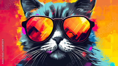 Cool cat with sunglasses on colorful background