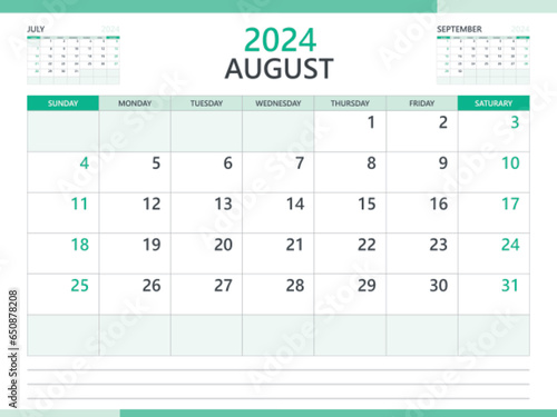 Calendar 2024 template vector on green background, August 2024 template, Planner, week start on Sunday,  Desk calendar 2024 design, minimal wall calendar, Corporate planner template vector