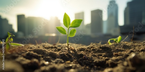 A young plant sprouting in front of a vibrant city skyline