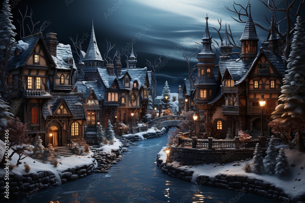 Winter village at night. Small houses in the snow. Christmas landscape ...