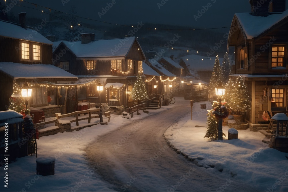 Winter village at night. Small houses in the snow. Christmas landscape. Snowy street in the old town. Winter fairy tale castle at night. Fairy tale castle in winter.. - obrazy, fototapety, plakaty 