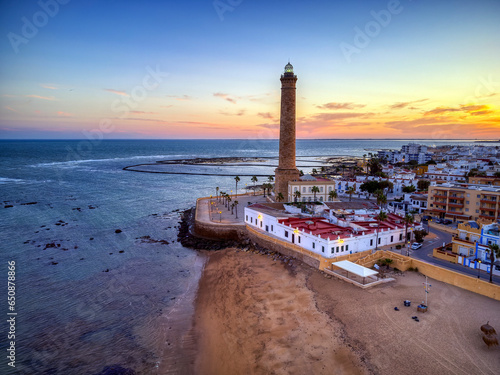 Drone view of the Chipiona lighthouse at dawn in the province of Cadiz. photo