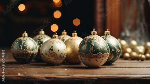 A festive display of Christmas ornaments on a rustic wooden table