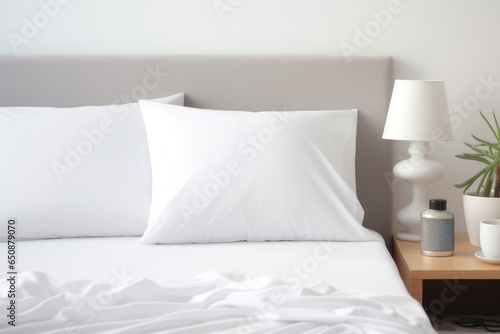 White pillows, duvet case on bed. Elegant bedroom with white bedding and wooden wardrobe table with decoration. Interior design detail