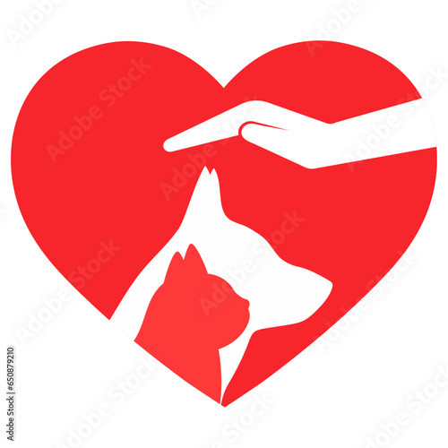 Illustration caring for pets. Dog and cat with heart on white background