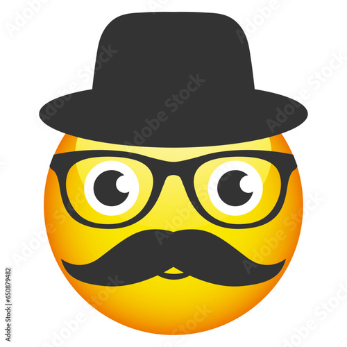 Illustration of a smiley face with a hat, glasses and a mustache on a white background