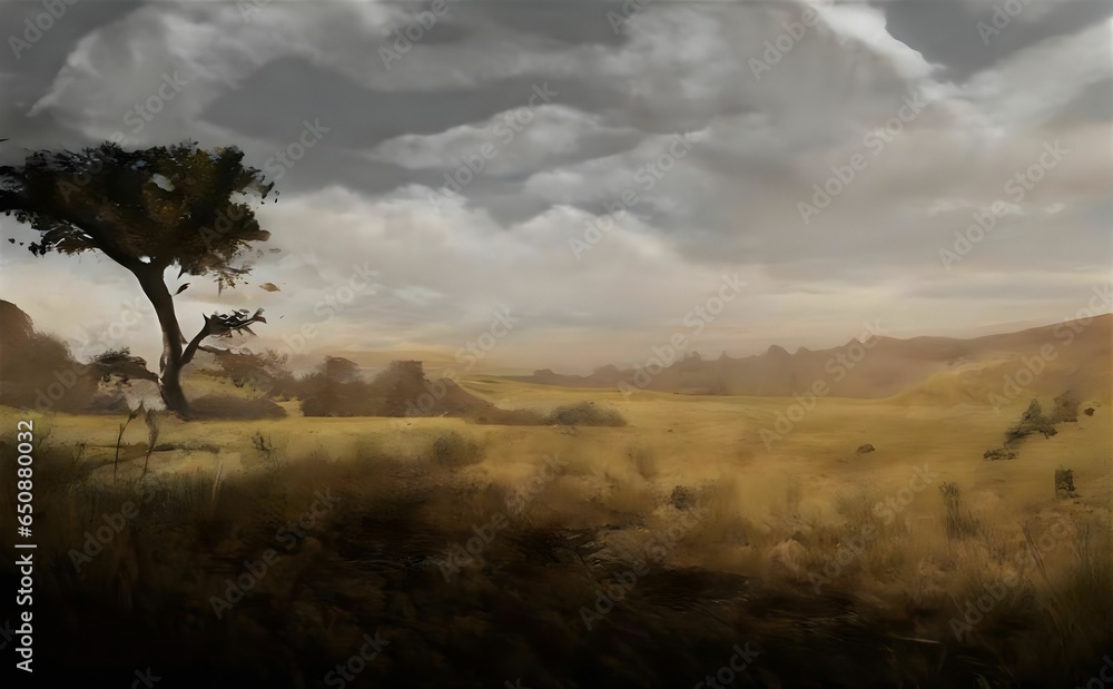 Illustration of a field during autumn on a cloudy day