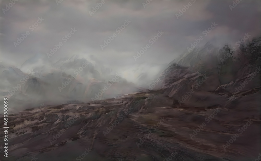 Illustration of mountains covered in mist on a cloudy day